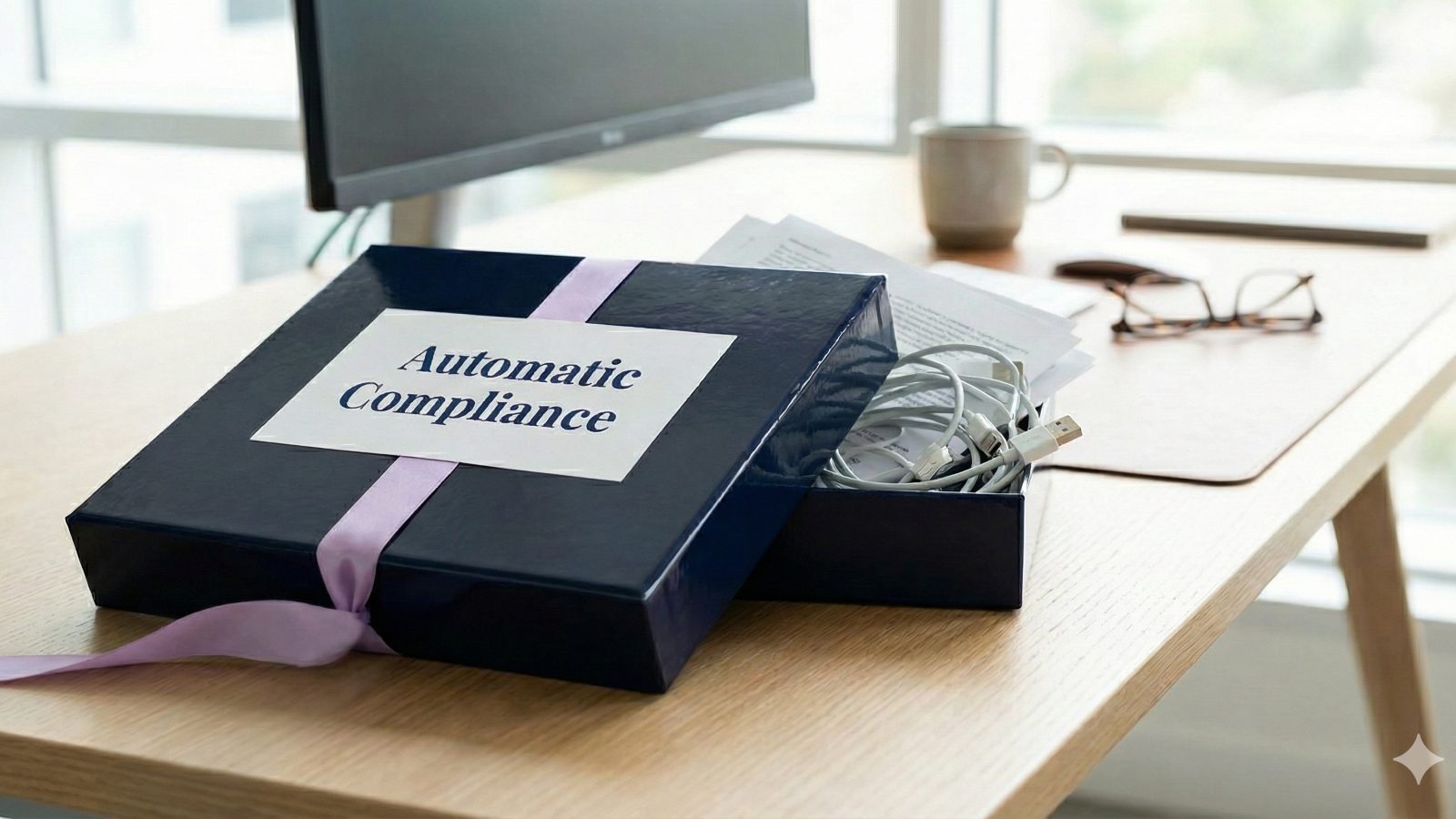 Dark navy gift box labeled Automatic Compliance, opened on a desk to show tangled cables and paperwork inside.