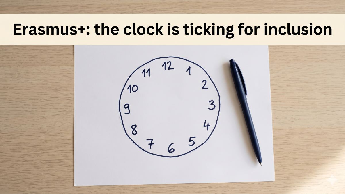 A hand-drawn clock face in dark blue pen on white paper, resting on a wooden table next to a pen. A cream banner across the top of the image reads "Erasmus plus: the clock is ticking for inclusion